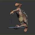 Man As Ancient Warrior Standing Barefoot Holding Round Red Blue Shield
