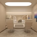 Modern Beauty Salon Interior Design With White Styling Chairs Round Mirrors And Beauty Products
