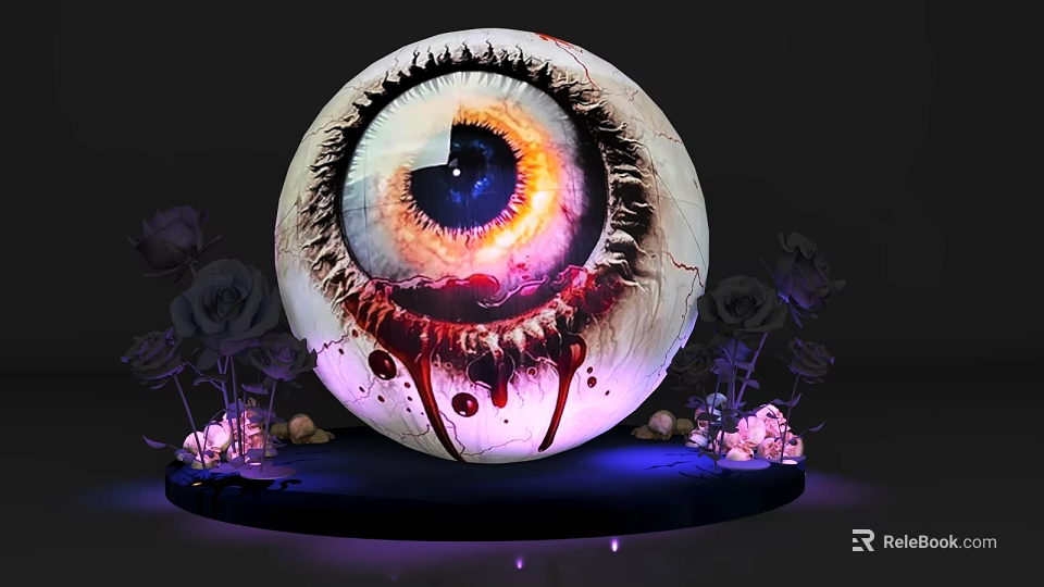 Spooky Eyeball Shaped Sphere Photo Spot With Red Blood Drips Purple Roses And Glowing Decorations 3d model 