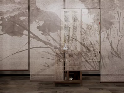 Elegant Traditional Blinds With Ink Painting Patterns And Wooden Frame For Home Decor 3d model