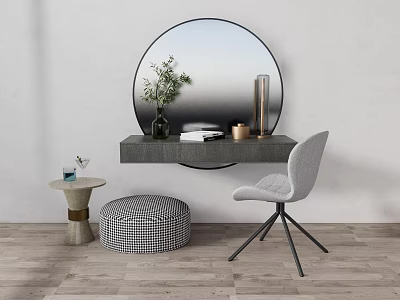 Stylish Leisure Chair In Modern Setting With Round Mirror Dark Countertop Pouf And Wooden Floor 3d model