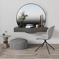 Stylish Leisure Chair In Modern Setting With Round Mirror Dark Countertop Pouf And Wooden Floor