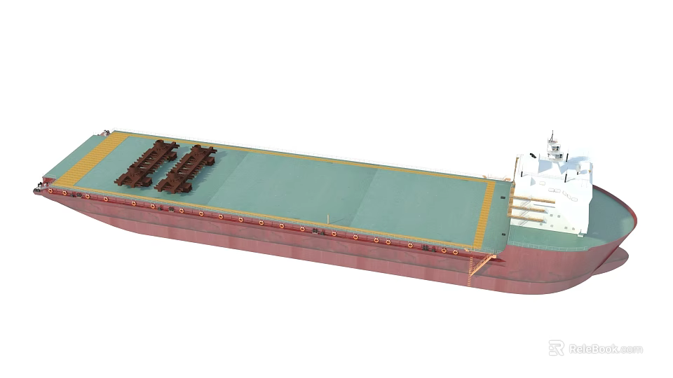 Large Flat Deck Cargo Ship With Deck Loads Yellow Edge Lines Red Hull Green Surface 3d model