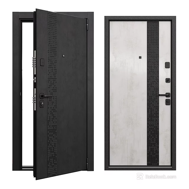 Modern Sleek Swing Door Design With Black Frame Textured Surface And Secure Lock 3d model