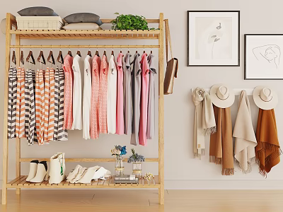 Neat Clothes On Wooden Rack With Accessories 3d model