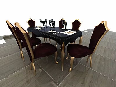 Elegant Dining Table Set With Black Tabletop Burgundy Velvet Chairs And Gold Accents 3d model