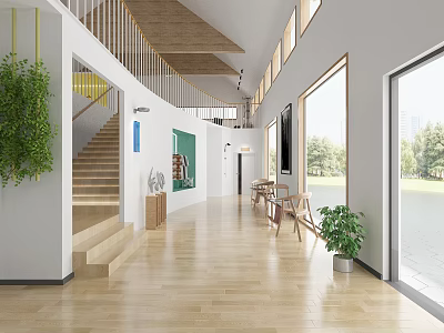 Bright Modern Public Office Space With Large Windows Wooden Floors And Green Plants 3d model