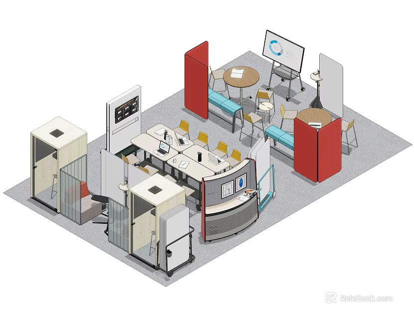 Modern Office Desk Setup With Collaborative Space Whiteboard Chairs And Partitions 3d model 