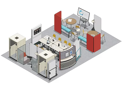 Modern Office Desk Setup With Collaborative Space Whiteboard Chairs And Partitions 3d model