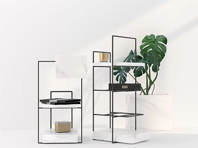 Modern Black Frame Bookcase With Marble Top And Monstera Plant Decorative Items 3d model