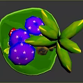 3D Model Scene with Purple Star Pattern Mushrooms Red Mushrooms Palm Tree and Green Grass