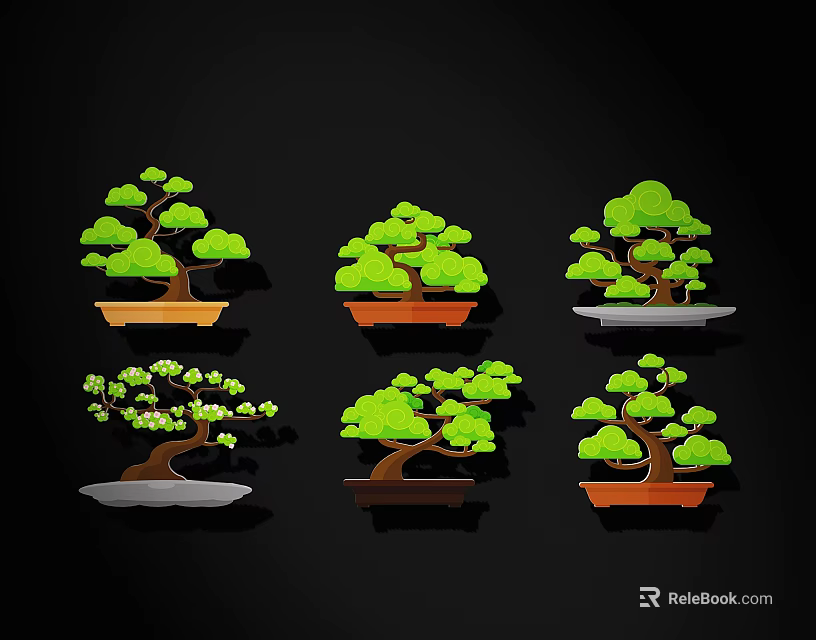 Six Green Bonsai Trees With Different Shaped Trunks And Colored Pots 3d model