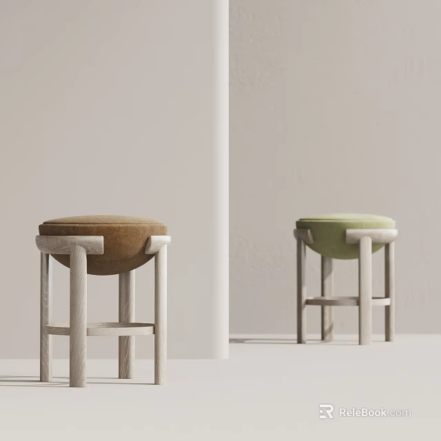 Modern Wooden Stools With Brown And Green Upholstered Seats In Minimalist Room 3d model 