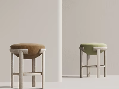 Modern Wooden Stools With Brown And Green Upholstered Seats In Minimalist Room 3d model