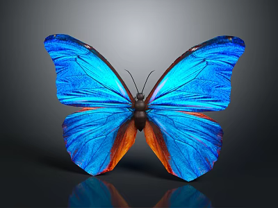 Vibrant Blue Butterfly With Orange Wing Patterns And Reflection On Gray Background 3d model