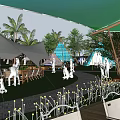 Camping Site With Green White Tents Palm Trees Lawn Decorative Lights Tables Chairs