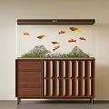 Modern Aquarium Interior With Colorful Fish Rock Formations And Wooden Cabinet