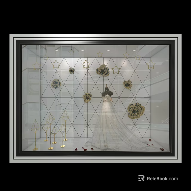 Elegant Wedding Dress Shop Window With Geometric Patterns And Rose Decorations 3d model 