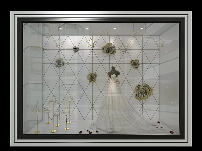 Elegant Wedding Dress Shop Window With Geometric Patterns And Rose Decorations 3d model