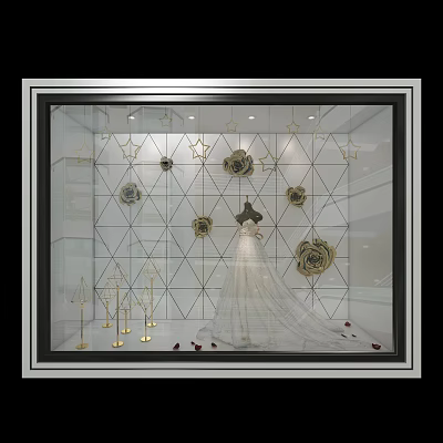 Elegant Wedding Dress Shop Window With Geometric Patterns And Rose Decorations 3d model