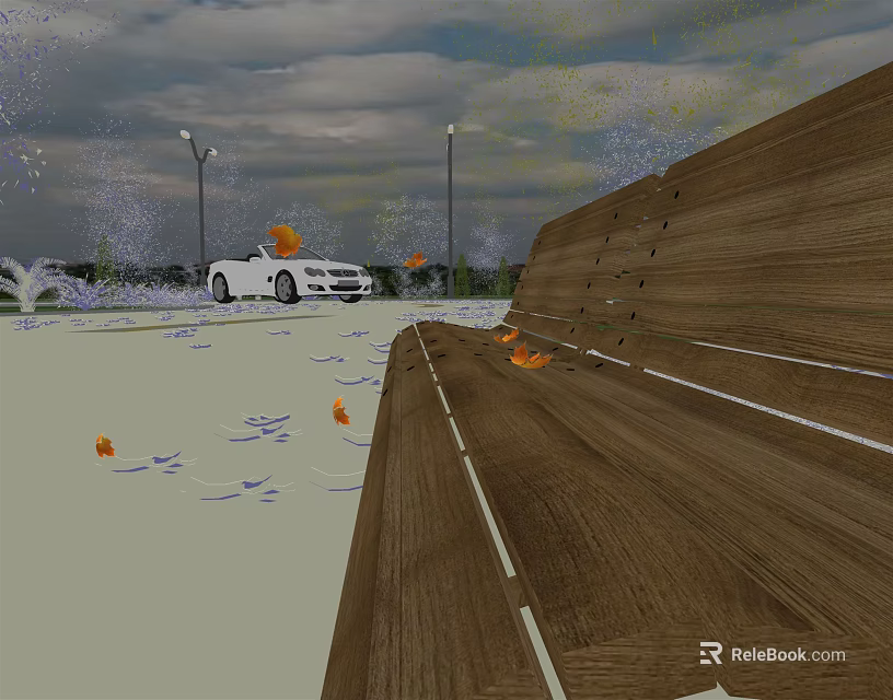 Outdoor Wooden Public Chair With Fallen Leaves And Street Lamps In Scenic Area 3d model 