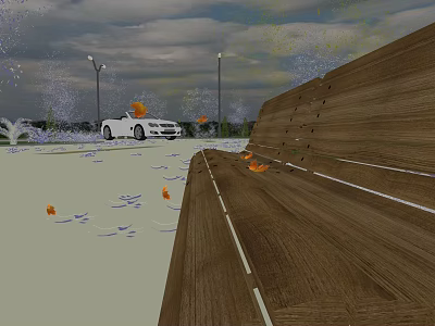 Outdoor Wooden Public Chair With Fallen Leaves And Street Lamps In Scenic Area 3d model