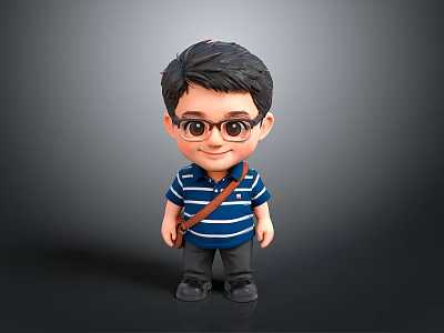 3D Cartoon Boy Character With Glasses Blue Striped Shirt And Brown Sling Bag 3d model