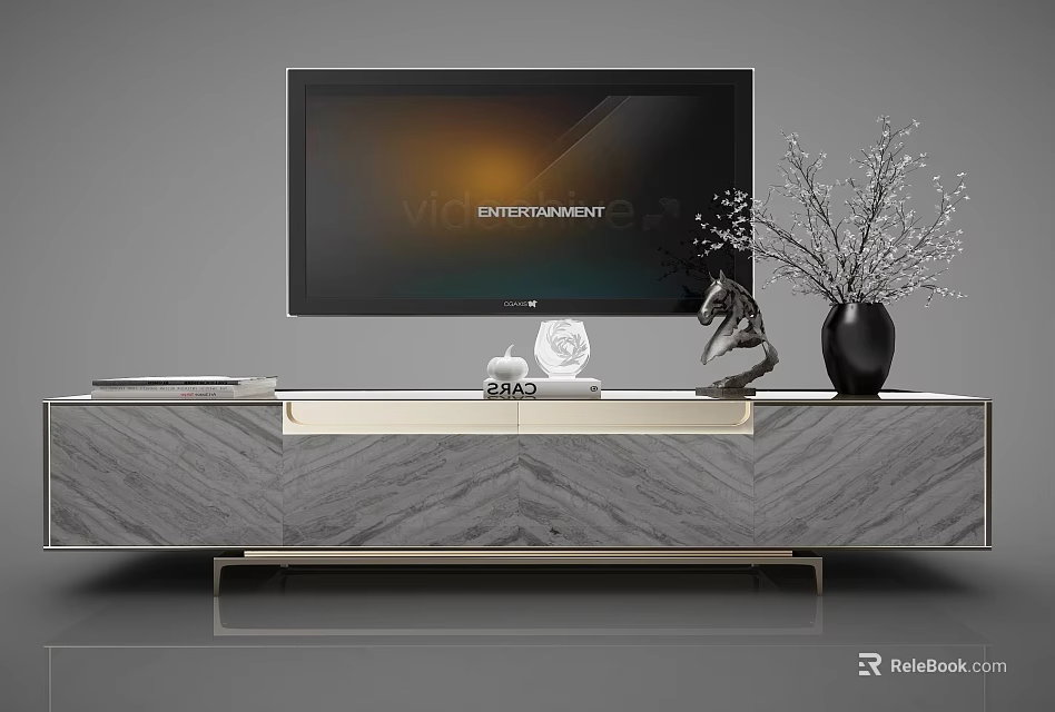Modern Marble TV Stand With TV Vase Sculpture Books And Metal Legs 3d model 