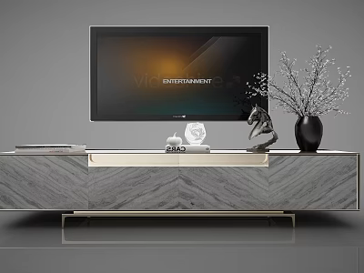Modern Marble TV Stand With TV Vase Sculpture Books And Metal Legs 3d model