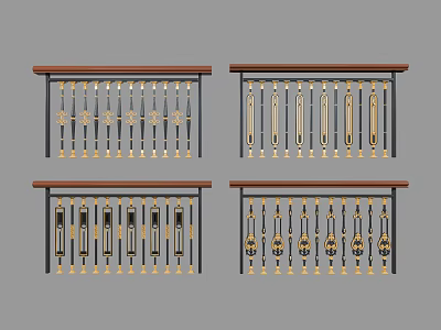 Various Decorative Fence Railings With Wooden Top And Metal Baluster Designs 3d model