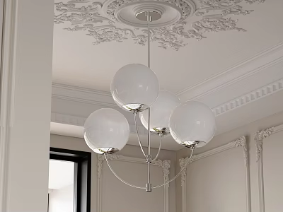 Modern Chandelier With Four White Globe Shades In Elegant Ornate Ceiling Interior 3d model