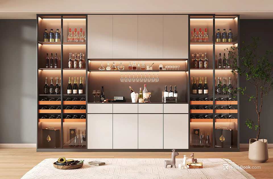 Modern Elegant Wine Cabinet with Glass Doors LED Lighting and Wine Bottle Storage 3d model 