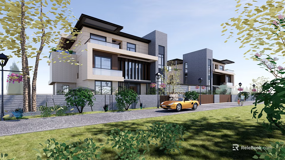 Modern Townhouse Exterior With Large Windows Balconies Green Front Lawn And Yellow Car 3d model 