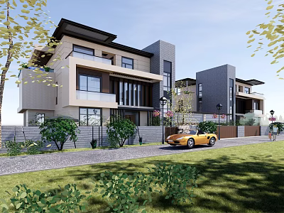 Modern Townhouse Exterior With Large Windows Balconies Green Front Lawn And Yellow Car 3d model