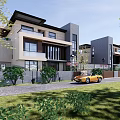 Modern Townhouse Exterior With Large Windows Balconies Green Front Lawn And Yellow Car