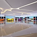 Modern Luxury Car Showroom Interior With Purple Yellow And Orange Sports Cars