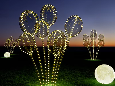 Flower Shaped Outdoor Lights Illuminated In Night Grassland With Bright Moon 3d model