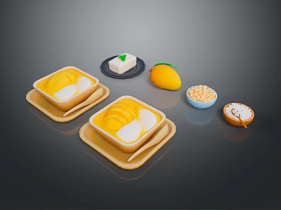 Delicious Homemade Mango Pudding Bowls Served With Square Dessert Fresh Mango Nuts And Round Pastries 3d model