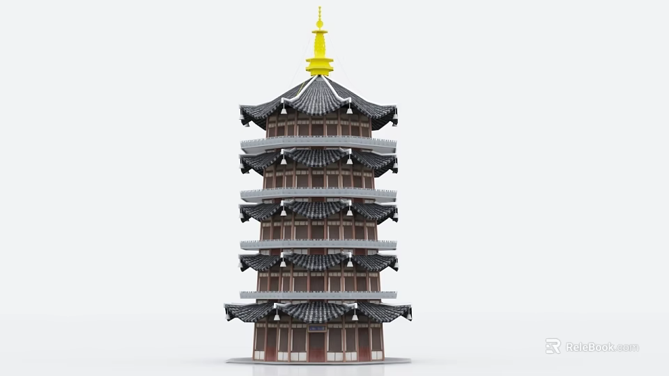 Traditional Chinese Pagoda With Multi Tiered Structure Golden Spire Black Tiled Roofs And Red Walls 3d model 