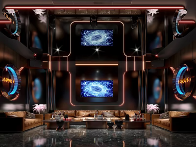 Modern Luxury KTV Interior With Neon Lights Large Screens Sofas And Bar 3d model