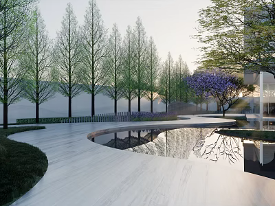 Modern Garden Landscape Design With Cypress Trees Reflecting Pond And Curved Pathway 3d model