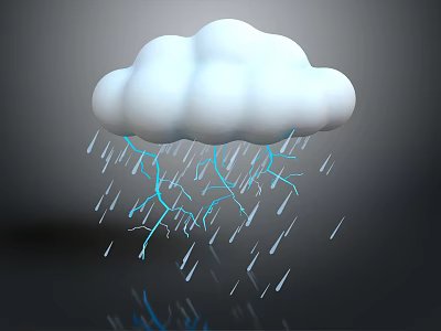 White Cloud with Blue Lightning and Falling Raindrops on Gray Background with Reflection 3d model