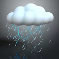 White Cloud with Blue Lightning and Falling Raindrops on Gray Background with Reflection