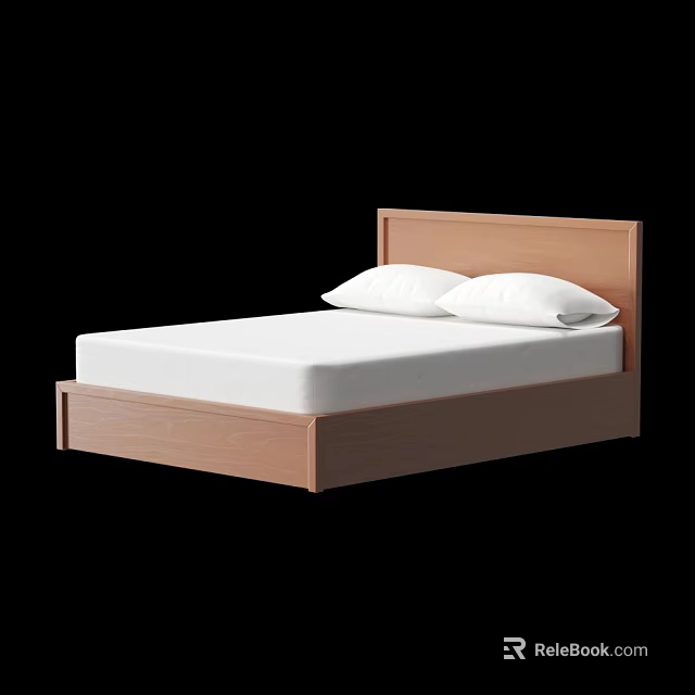 Light Brown Wooden Frame Double Bed with White Mattress and Two Pillows 3d model 