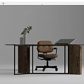 Wooden Office Desk With Metal Frame Brown Chair Laptop And Green Plant In Vase