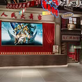 Traditional Chinese Restaurant Interior With Wooden Tables Benches Red Lanterns And Hanging Signboards