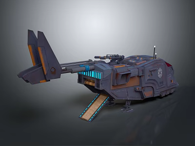 Futuristic Sci-Fi Vehicle with Weapon Turret Deployable Ramp Blue Lights and Mechanical Armor Structure 3d model