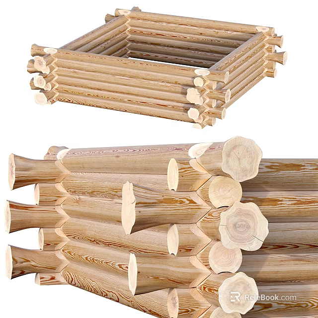 Stone And Wood Interior Structure With Stacked Logs And Natural Material Elements 3d model