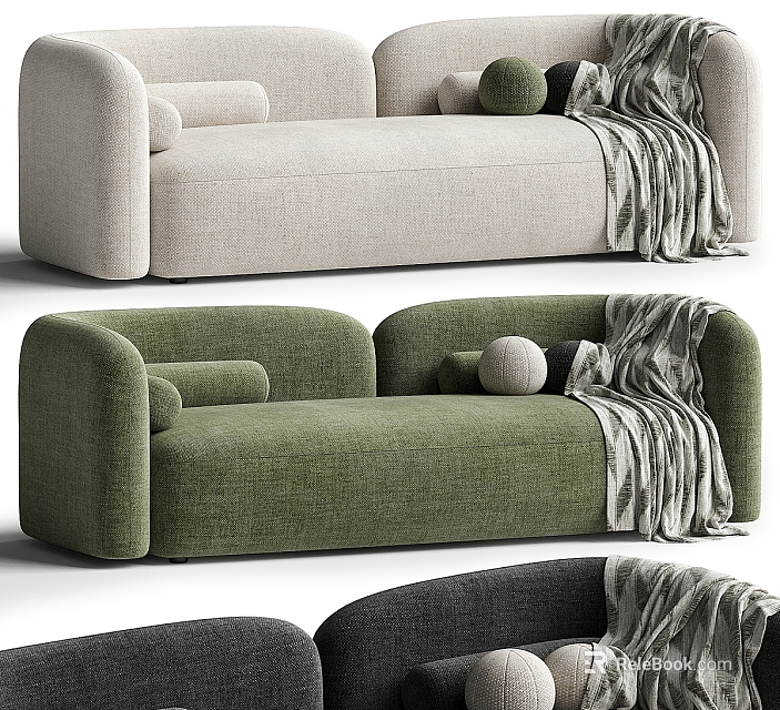 Modern Living Room Leisure Sofa Set With Green Gray Fabric And Decorative Pillows Blankets 3d model 