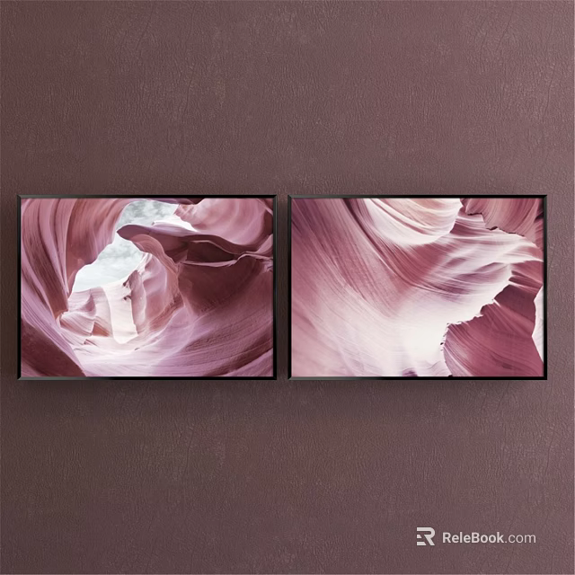 Two Abstract Paintings With Pink Purple Wave Textures And White Light On Dark Brown Wall 3d model 